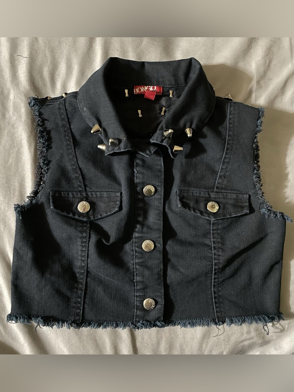 BONGO Girls Vest Medium 7/8 Black Snap Up DIY Studded Cut Off Sleeve Punk Rock